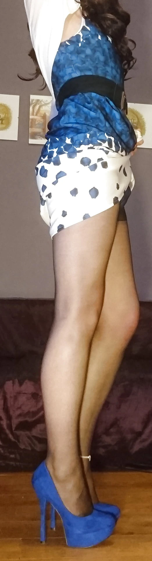 Marie crossdresser blue dress and sheer pantyhose #13