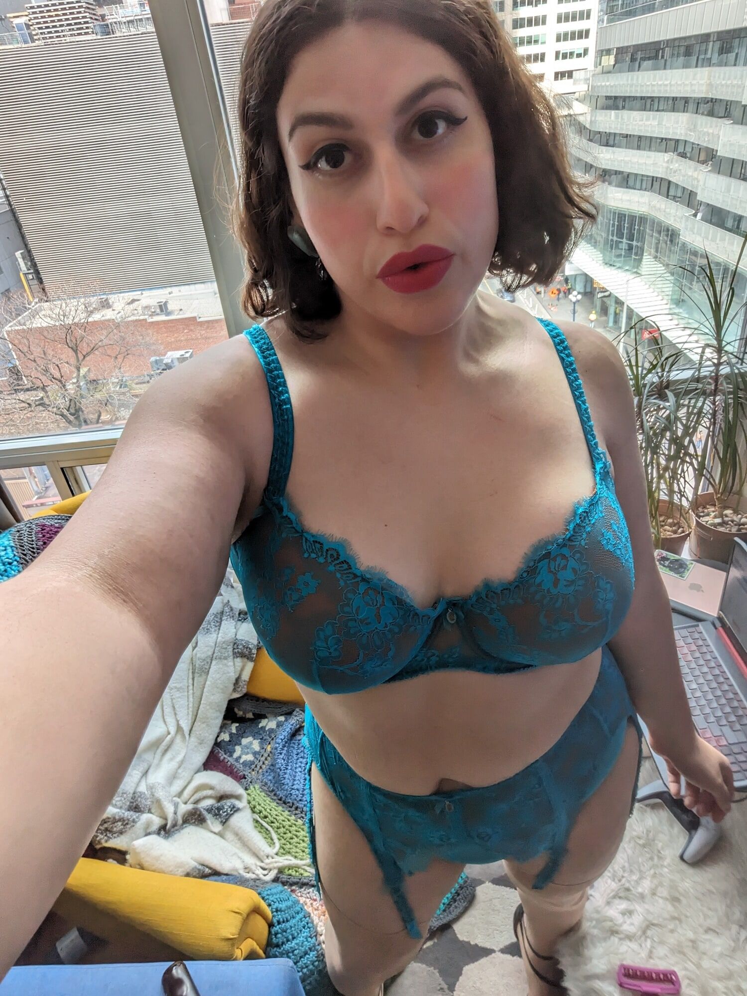 Busty Latina Tranny in Blue Vintage Lingerie 