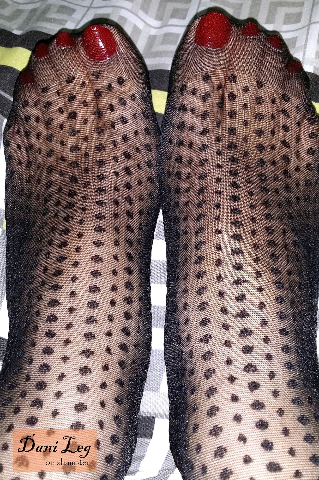 32P Black Dot Patterned Pantyhose and Red Toe Nails #2