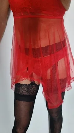 red nightie black stoking high heels         