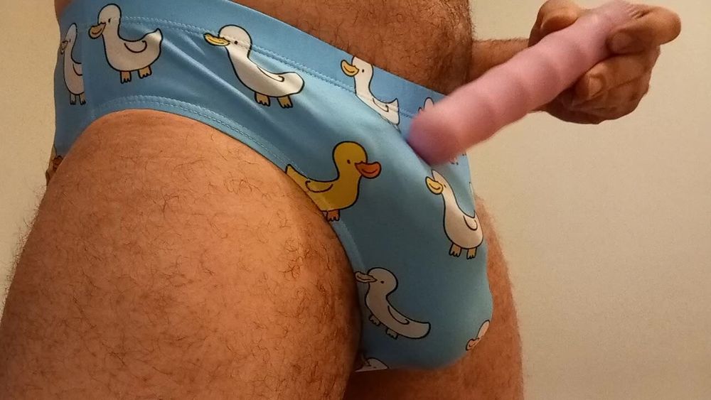 Small penis bulge cum in cute duck speedo, brief, trunks. #26