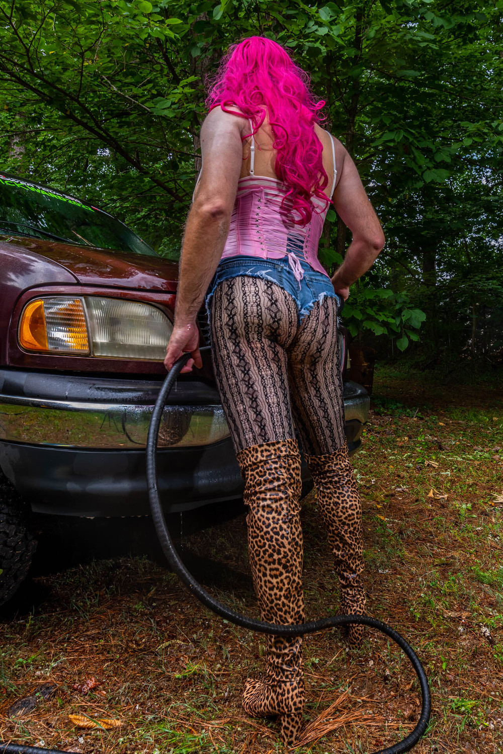 Gigantic fake tits crossdresser washing my truck in Daisy Du #17