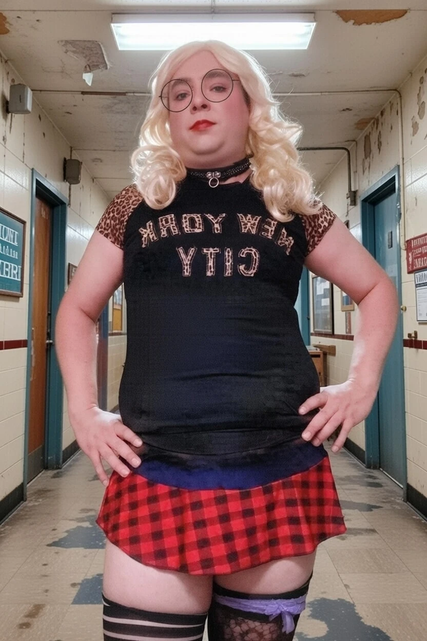 Schoolgirl skirt and fishnet stockings