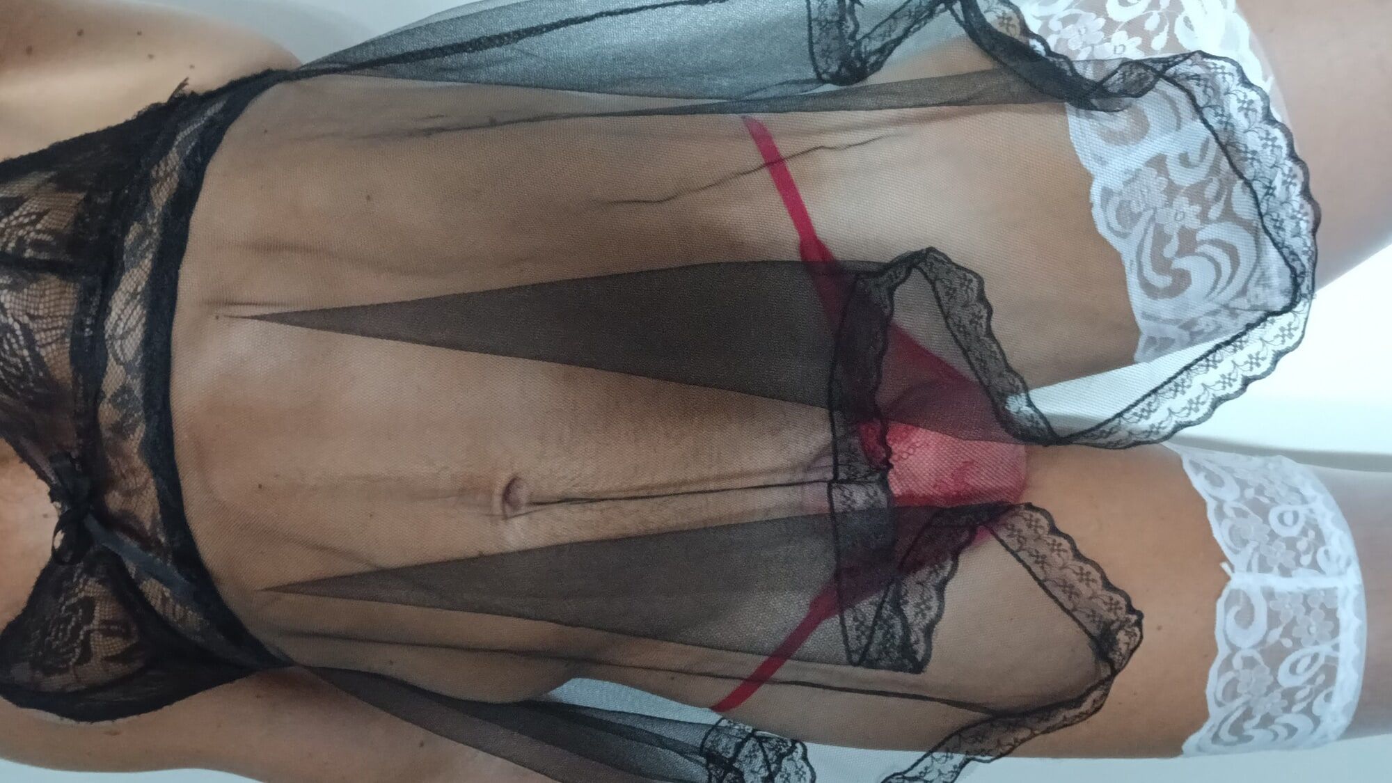 Sexy transparent BLACK nightie RED pantie WHITE stoking  #11