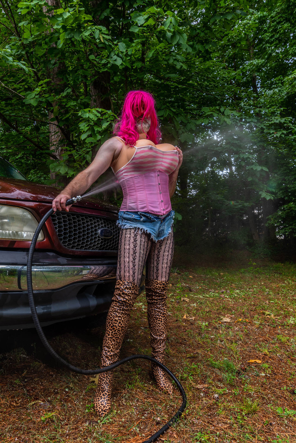 Gigantic fake tits crossdresser washing my truck in Daisy Du #10