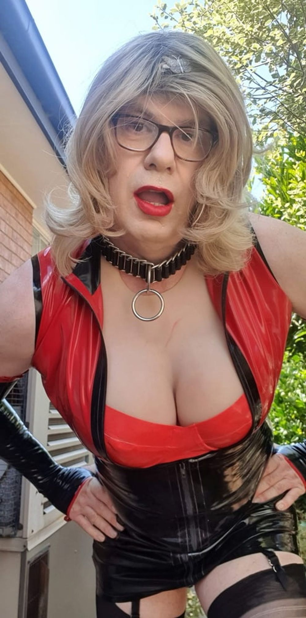 Rachel Outside in Red-Black Latex #9