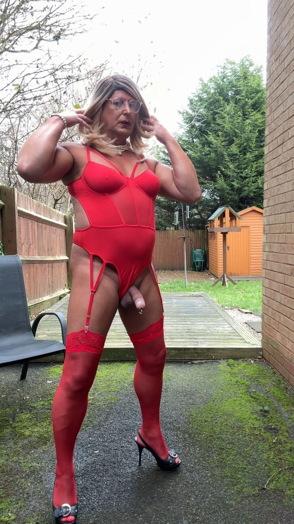 Sexy Crossdresser kellycd2022 in red bodysuit and stockings  #45