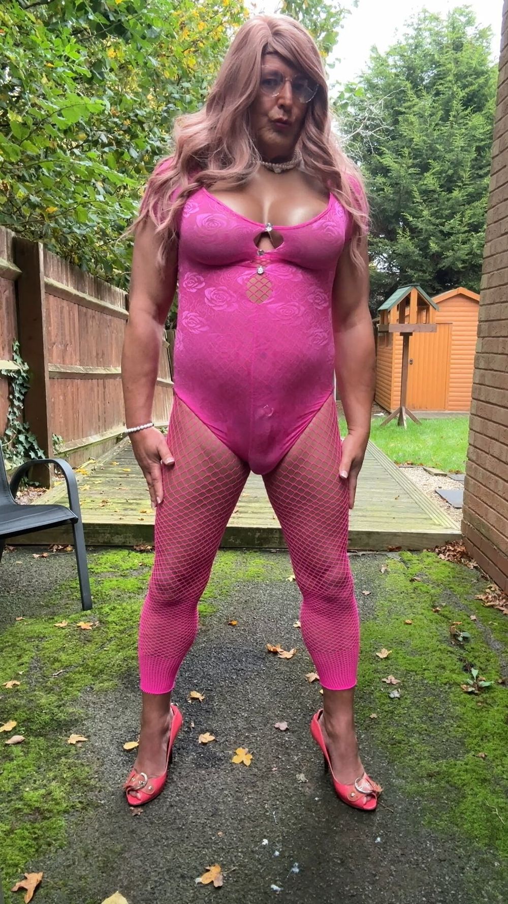 Crossdresser kellycd2022 in pink playsuit and fishnets  #52