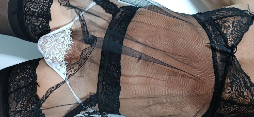 Black stoking white panty and black transparent nightie #22