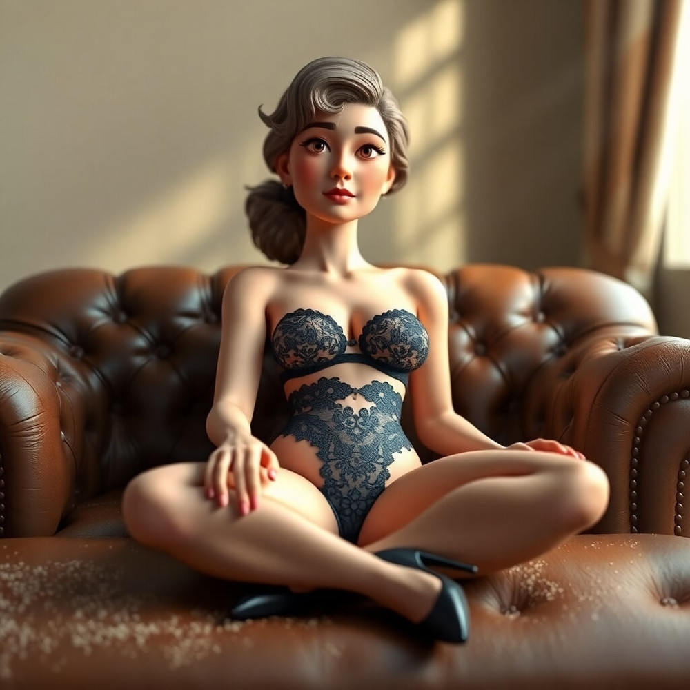 Pixwhores - Next Generation: Black Lingerie, Leather Sofa #11