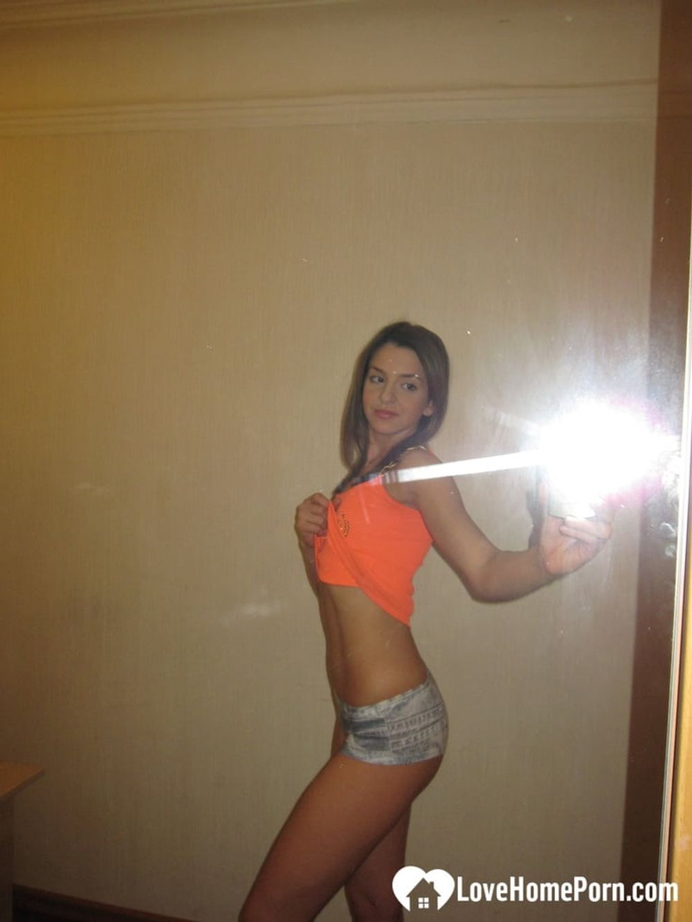 Astonishing skinny brunette flashes her juicy titties #5