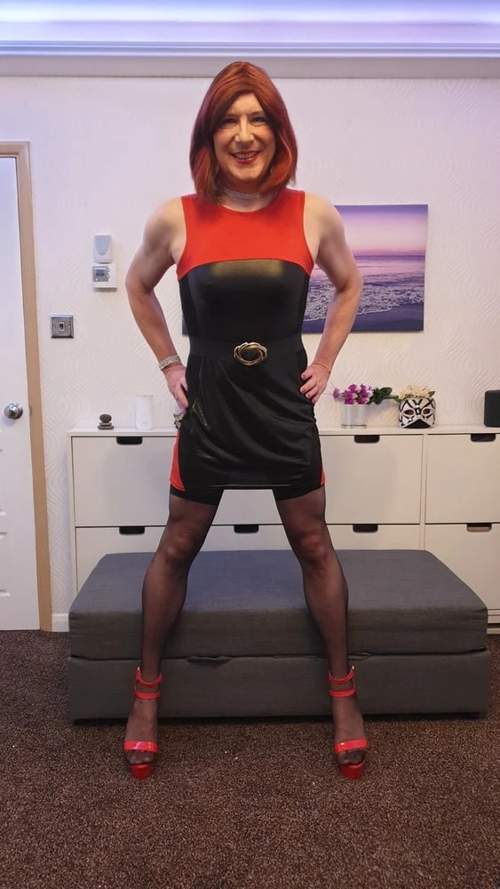 TGirl Lucy posing and playing in black and red bodycon dress #5