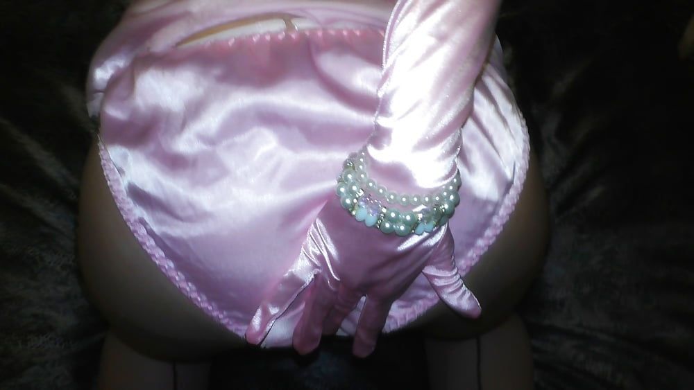 Shiny liquid satin slip, panties and nylons masturbation #5