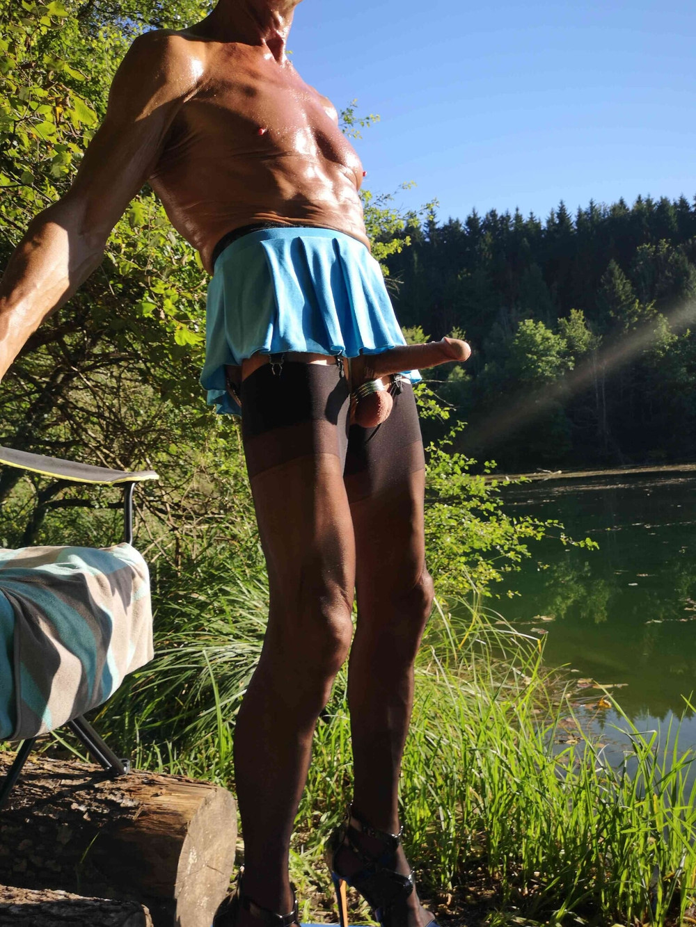 Micro Skirt and Boner at public Nudist Lake #17