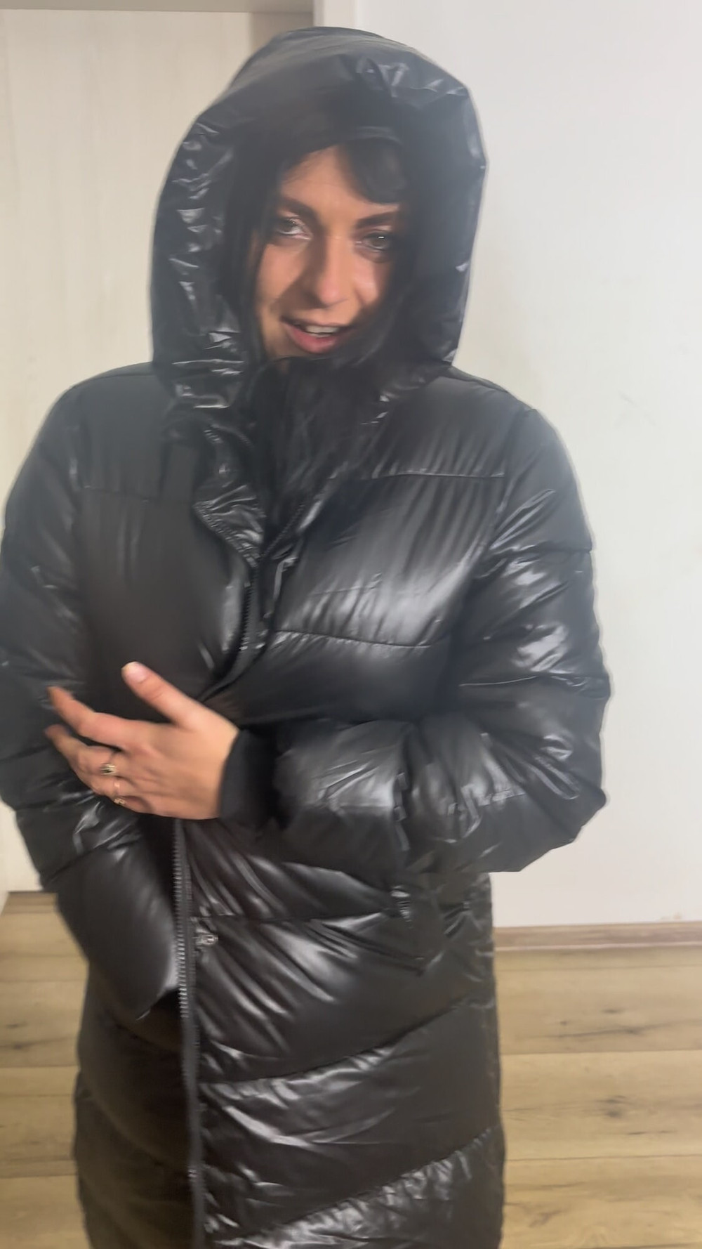 Cozy & Seductive – Long Puffy Jacket with Black Stockings #9