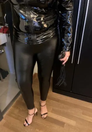 high heel sandals and shiny leggings         