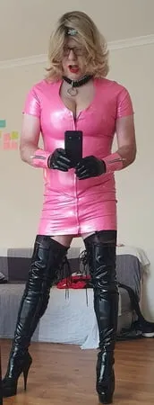 rachel in pretty pink latex black thigh boots         