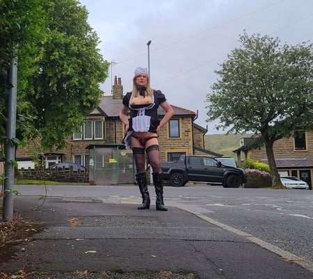 Sissy maid outdoors