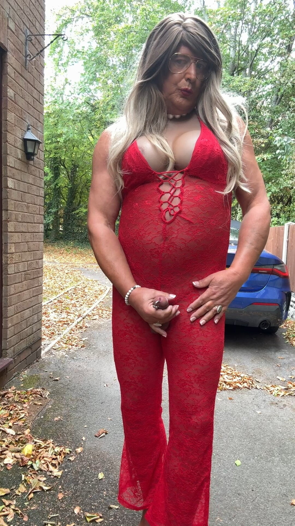 Sexy Crossdresser kellycd2022 in red lace jumpsuit and heels #48