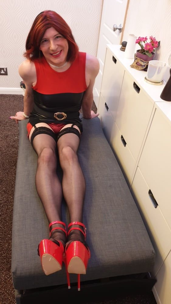 TGirl Lucy posing and playing in black and red bodycon dress #27