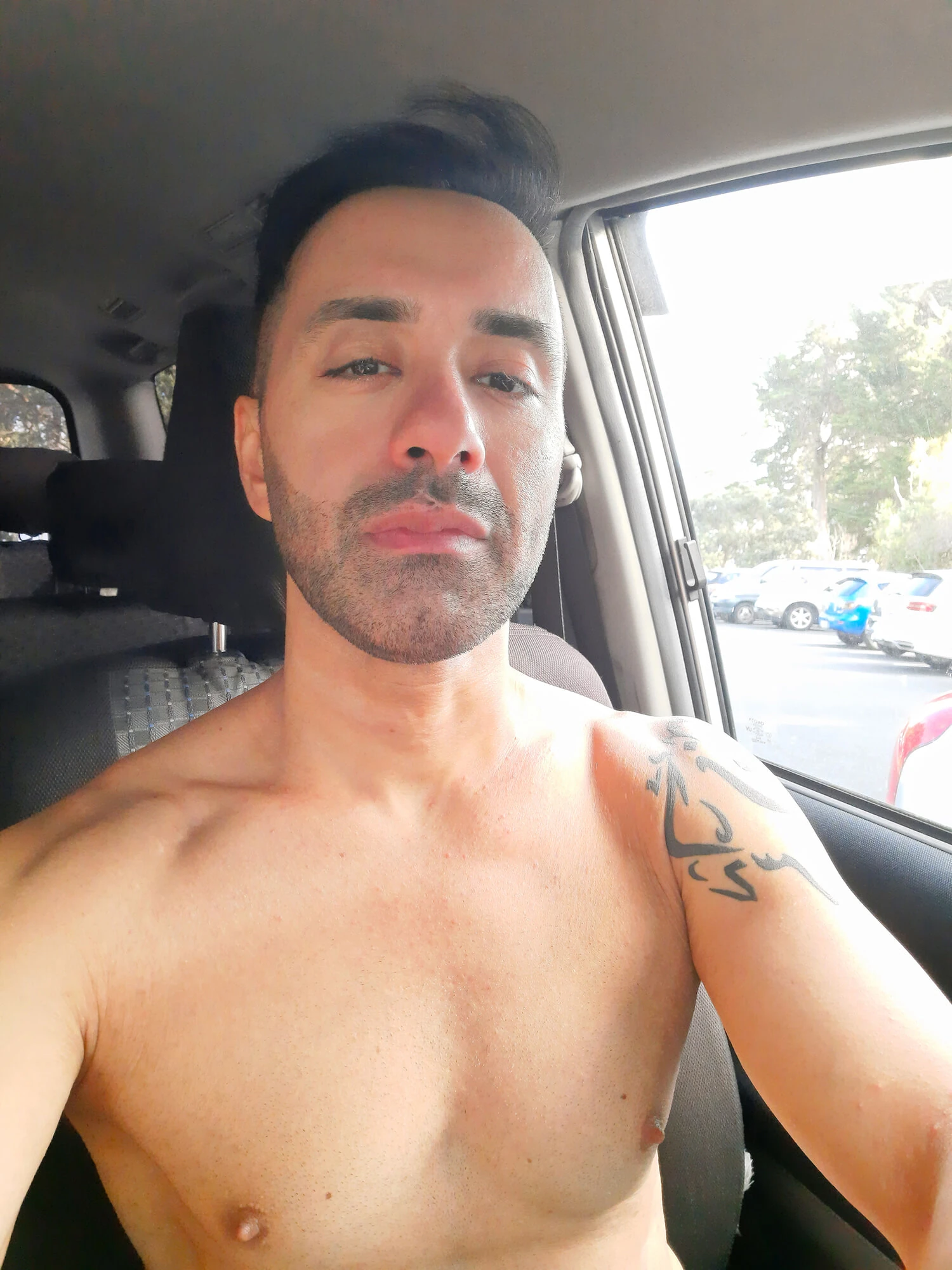 The Robot Shirtless in the Car
