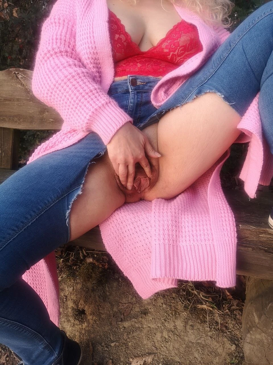 Outdoor Fun with my big hairy Pussy in Jeans  #7