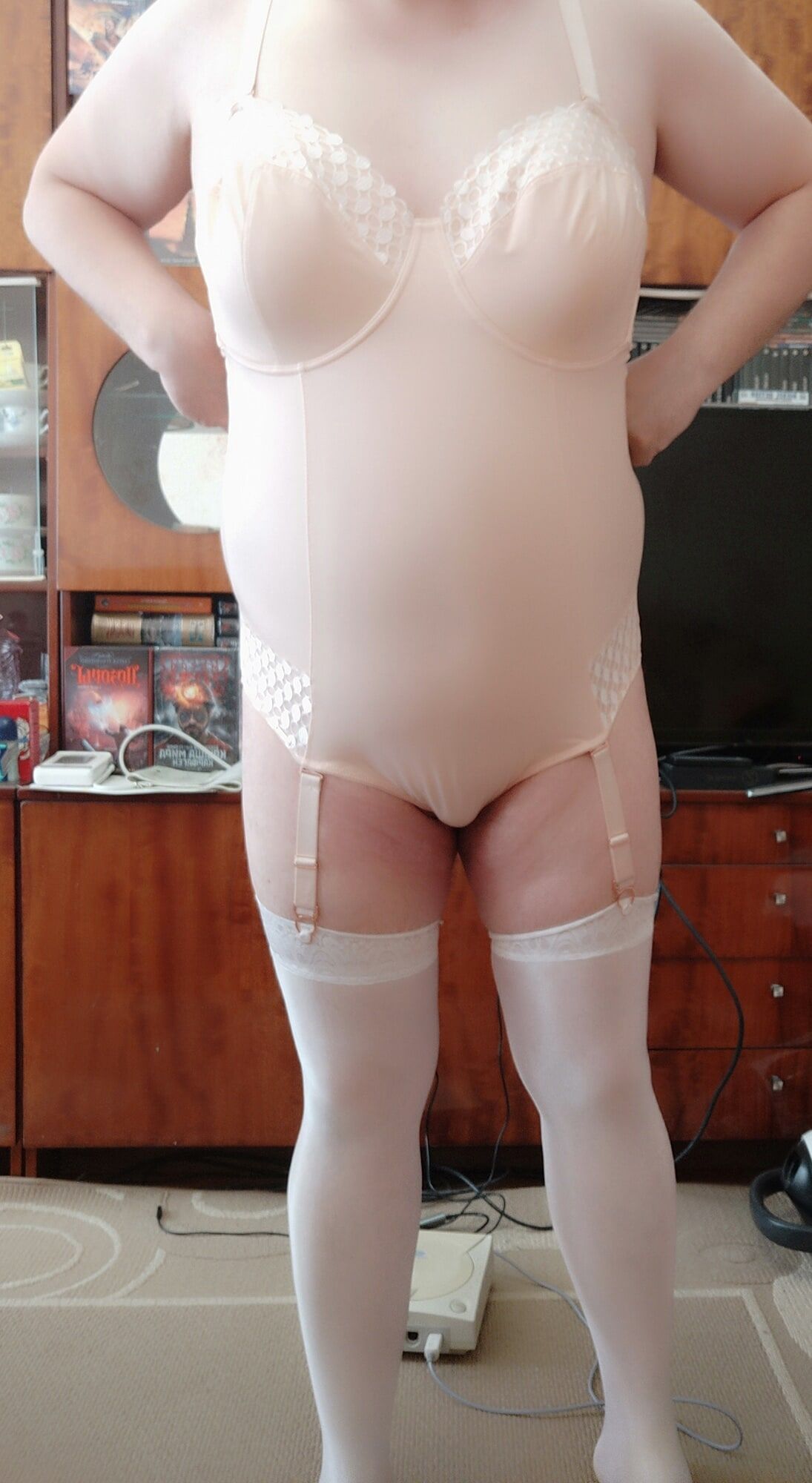 sissy Aleksa posing in new white bodysuit and stockings #17