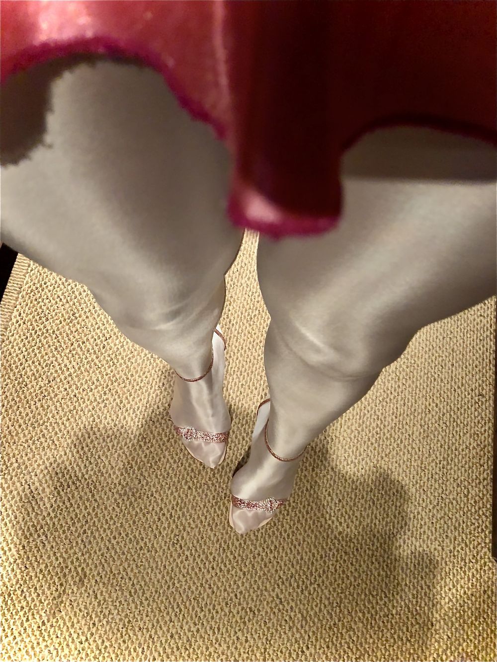 My long legs in white satin tights and sexy pink sandals #2