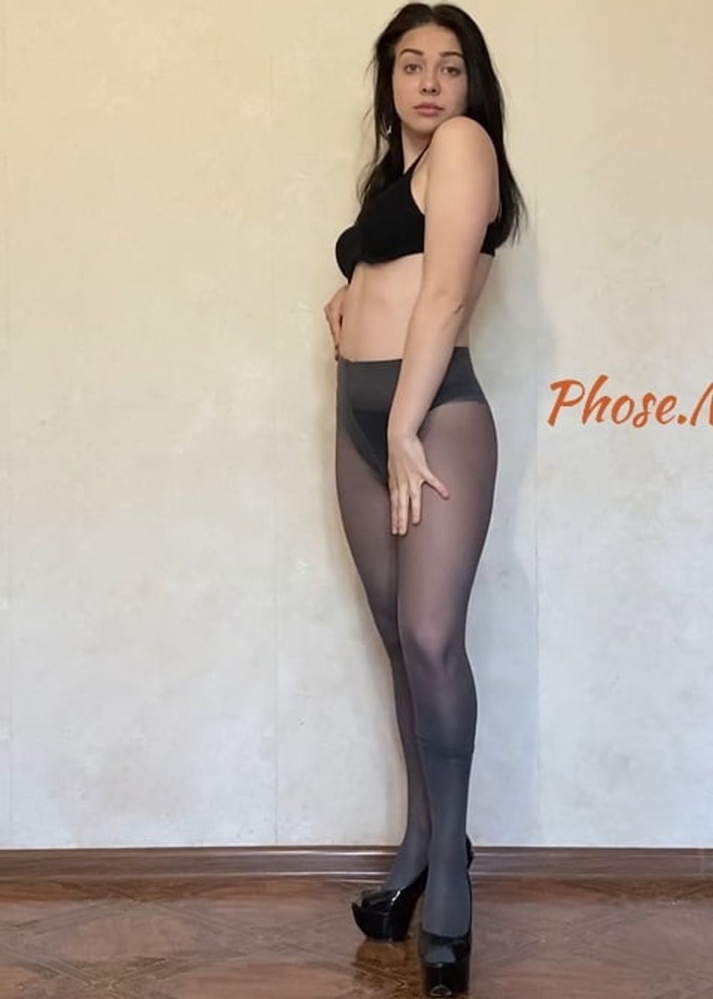 Amber In Black Dress and Grey Pantyhose and High Heels #13