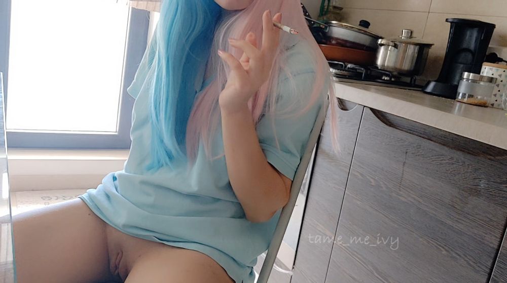 Egirl no panties smoking in the kitchen #11