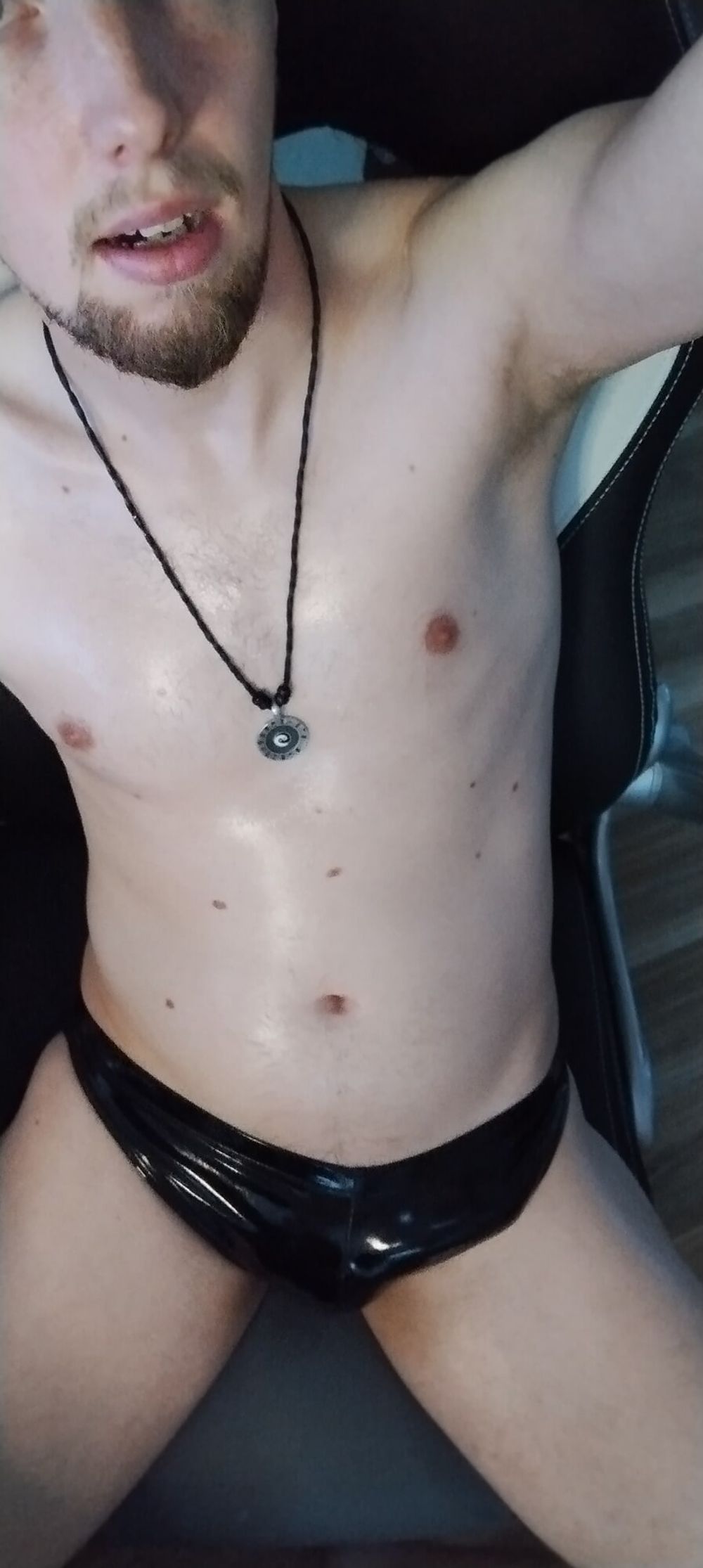 Me in shiny black slip with oil #3