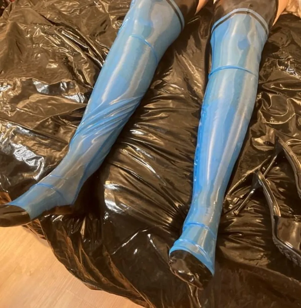 Transparent Blue Latex Stockings and Black Mules #4