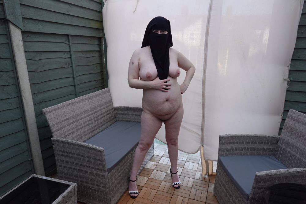 Curvy Wife Niqab naked in high heels #8