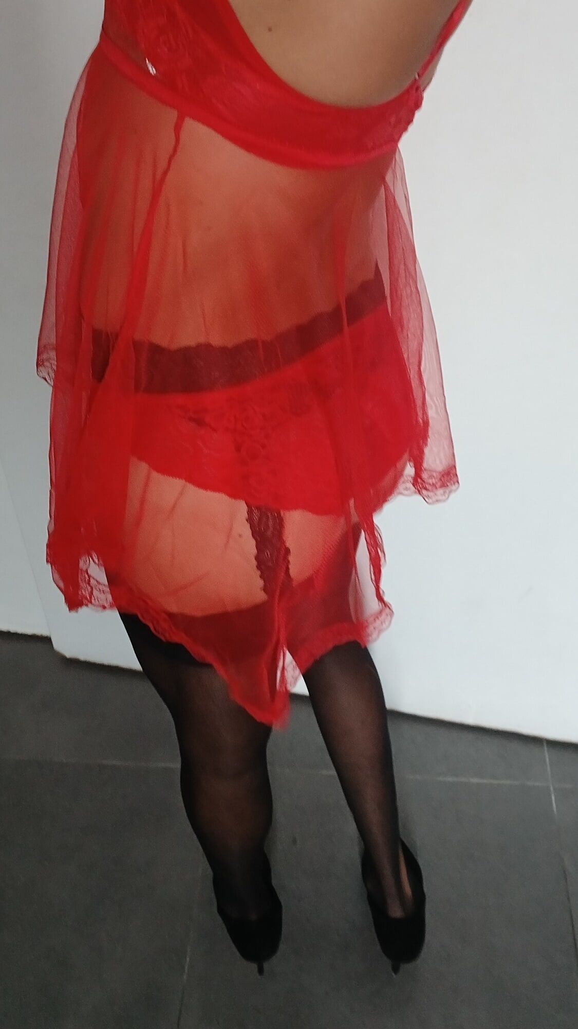Red nightie black stoking high heels  #9