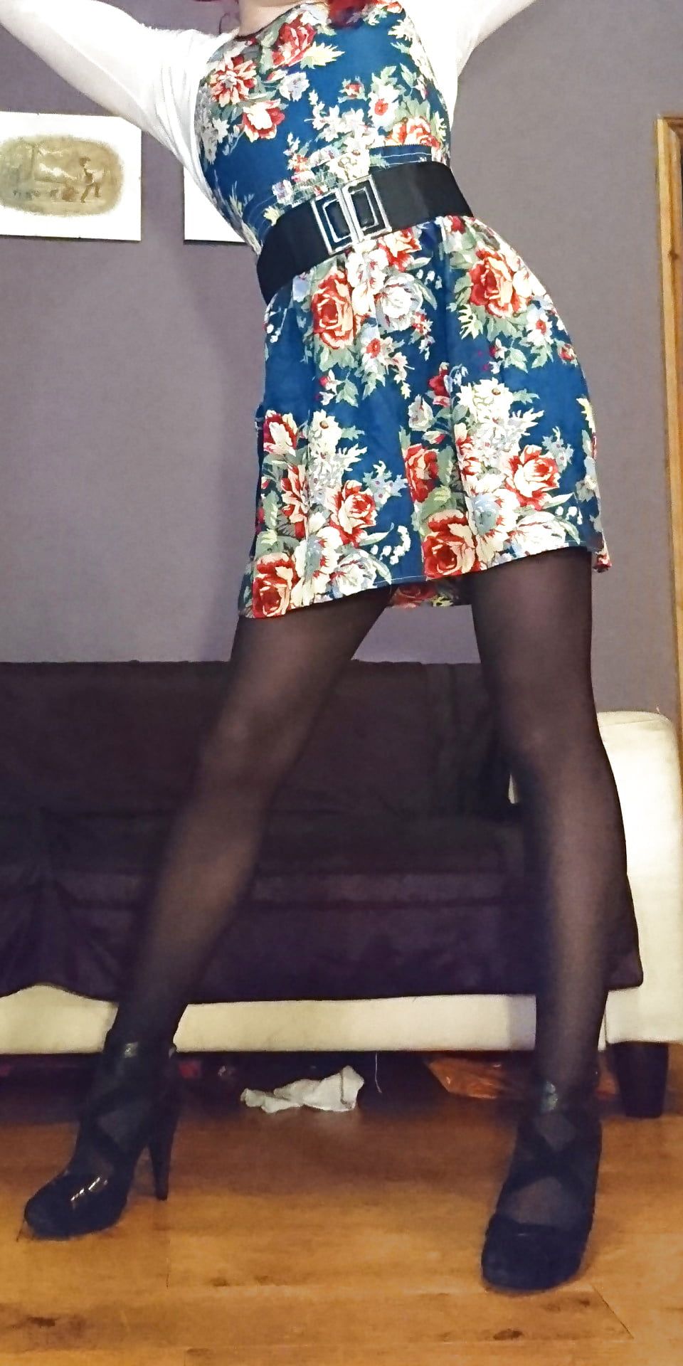 Marie crossdresser in opaque pantyhose and floral dress #5
