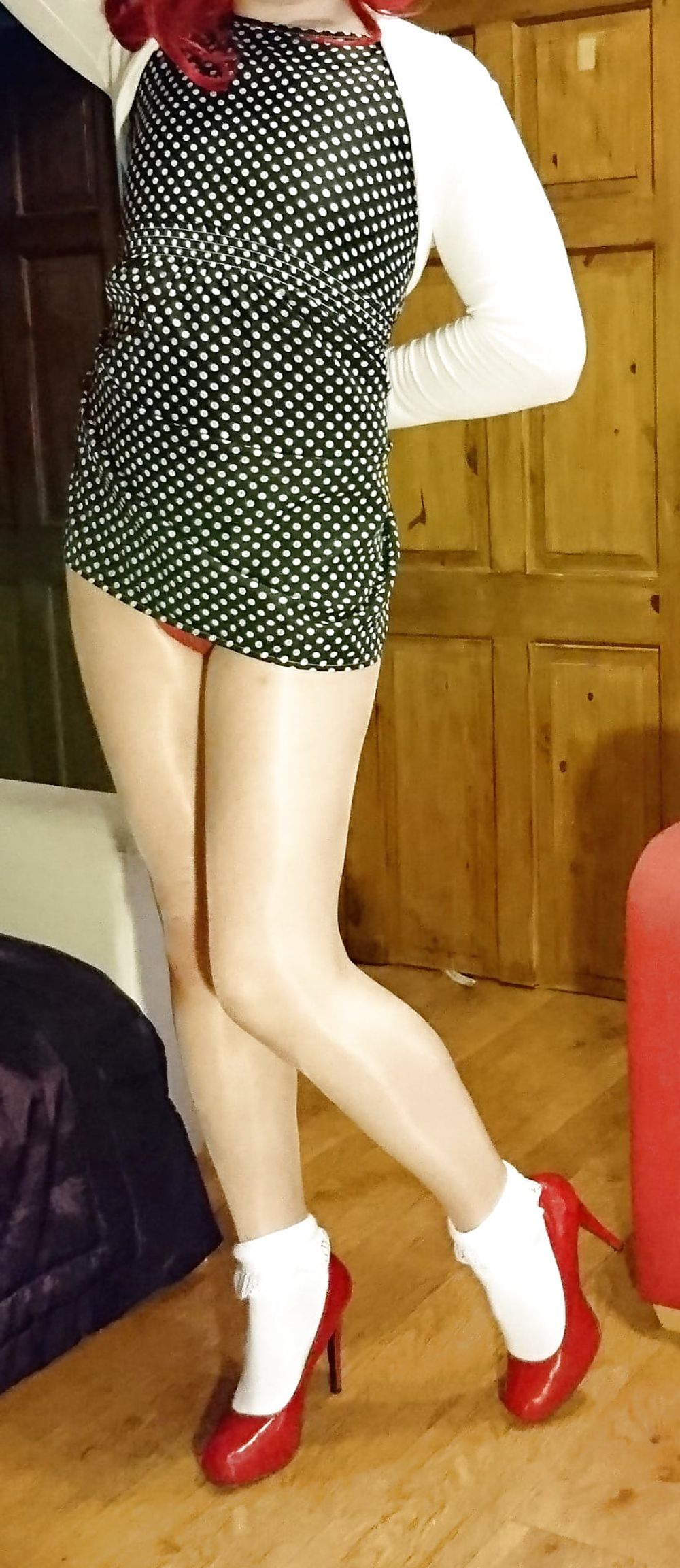 Marie crossdresser in polka-dots and frilly socks #16