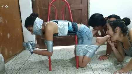 bent over for lesbian feet worship in bondage selfgags         