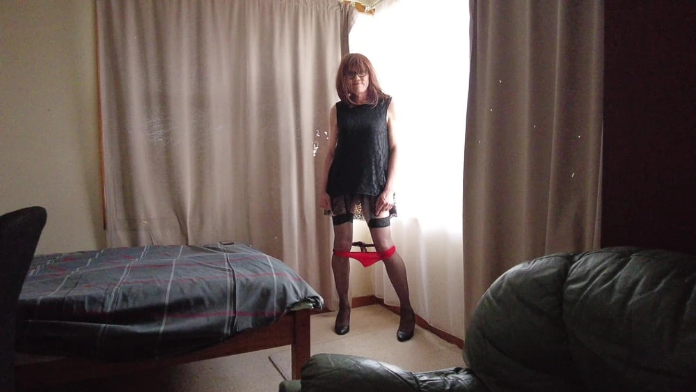 Crossdress Black lacy dress try on #8