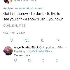 Mistress orders Angel 2 piss in the snow
