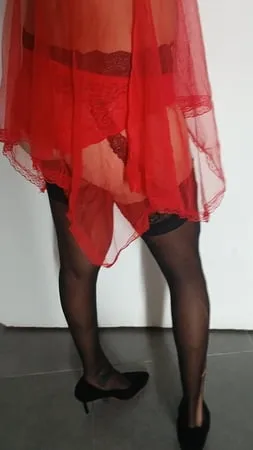 red nightie black stoking high heels         