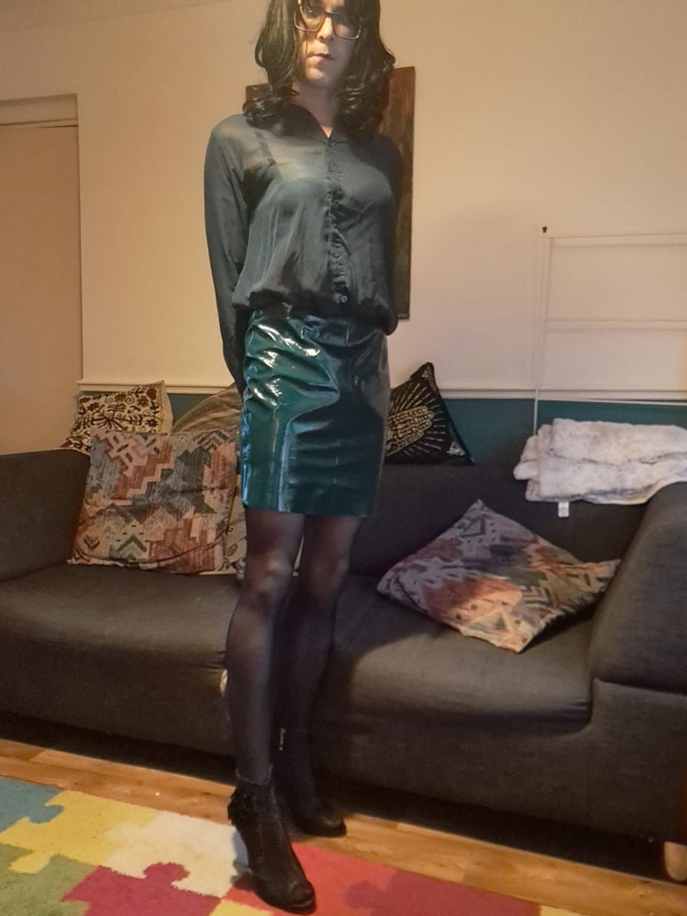 Danni in a latex skirt, sexy lingerie and seamless pantyhose #49