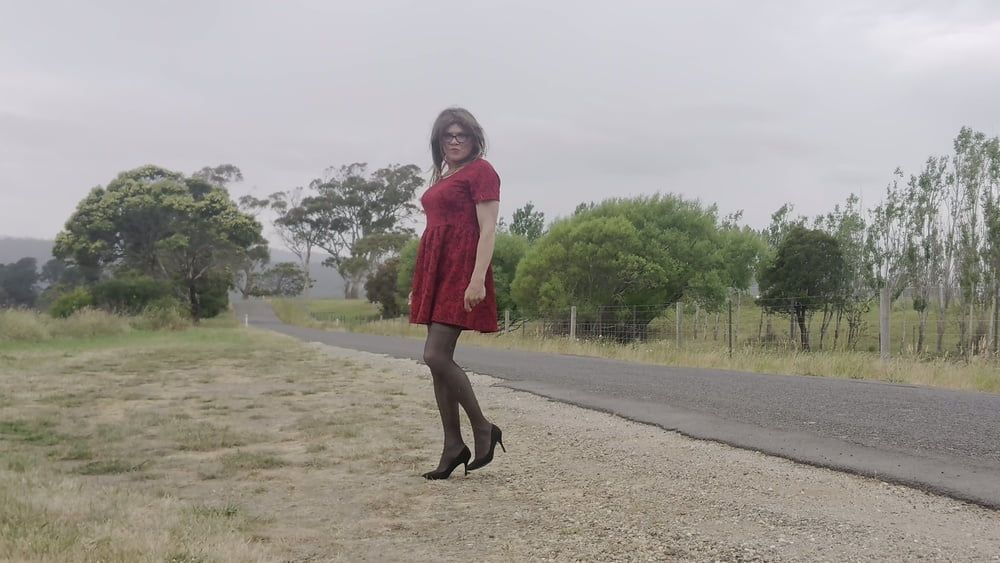 Crossdress road trip red dress #3