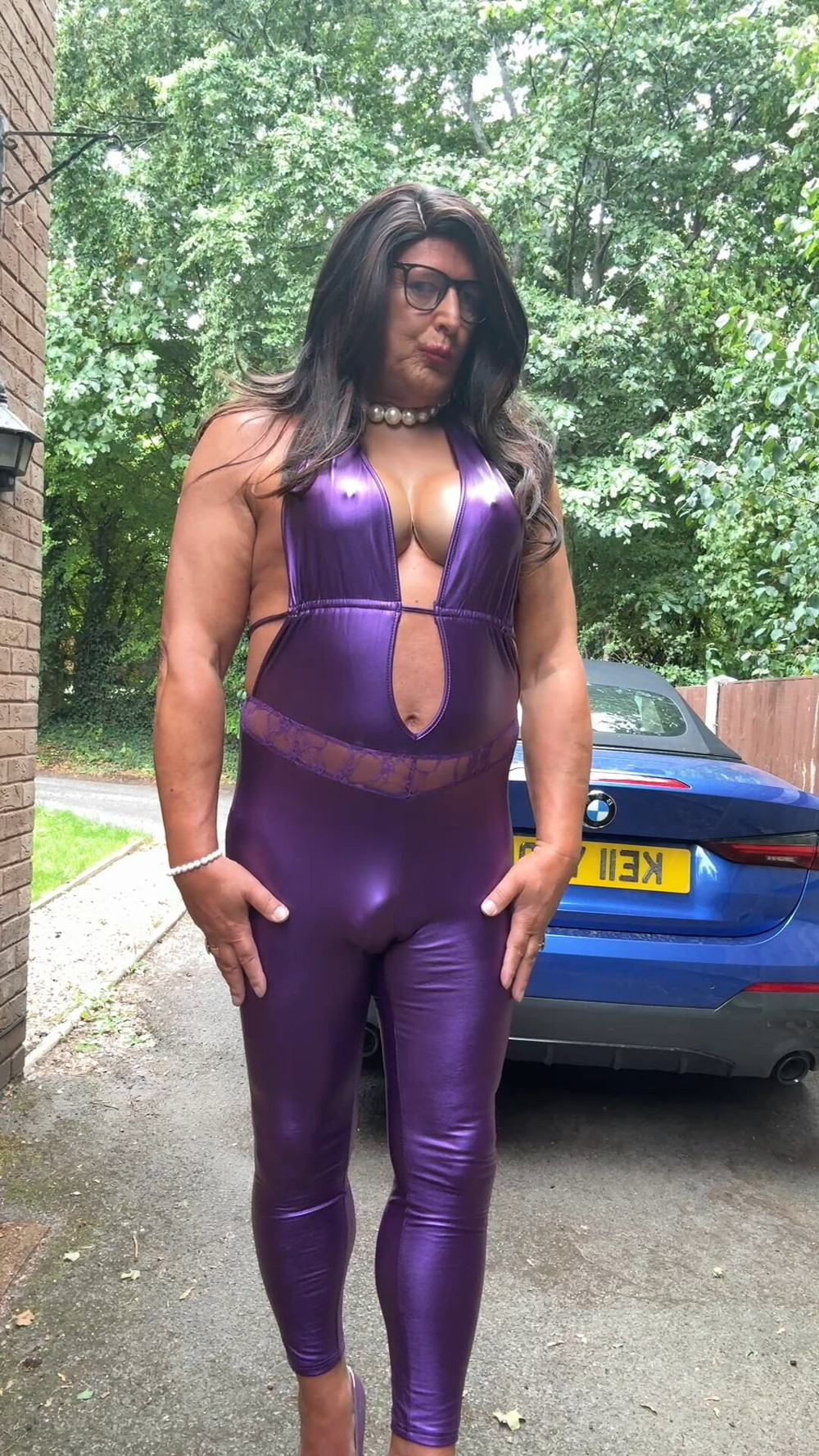 Sexy Crossdresser kellycd2022 in purple pvc catsuit and heel #4