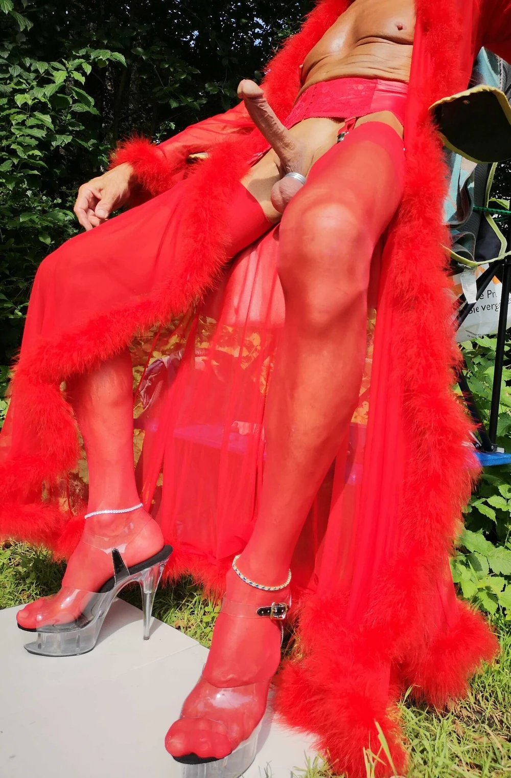 Crossdresser in red Lingerie at public Nudist Lake #30
