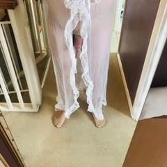 sissy wearing her white nighty and tan pantyhose