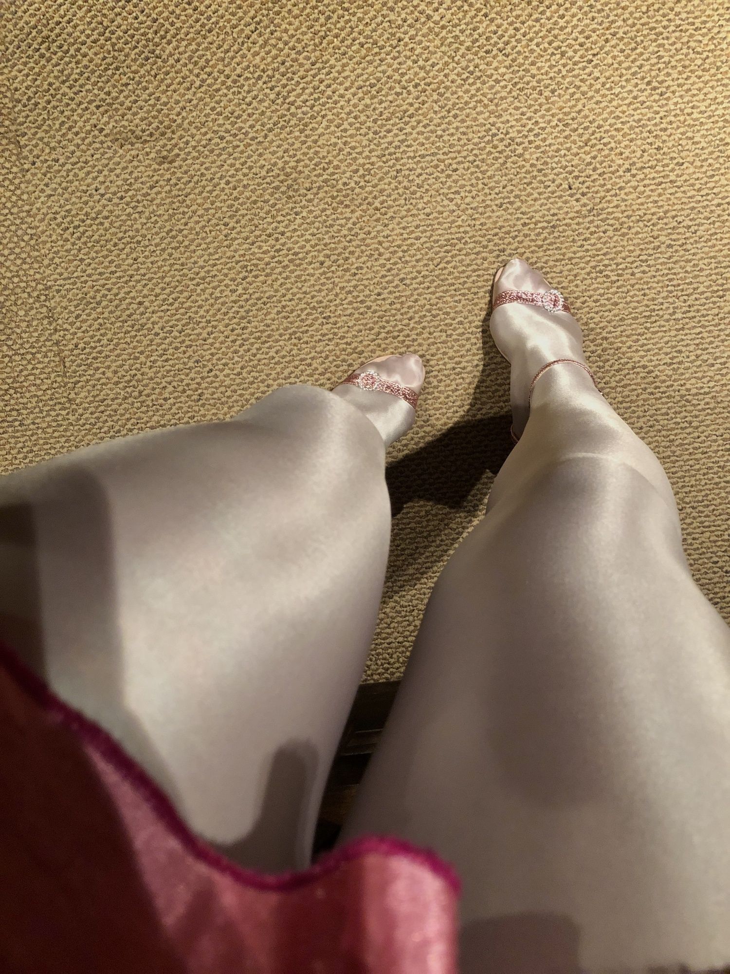 My long legs in white satin tights and sexy pink sandals #3