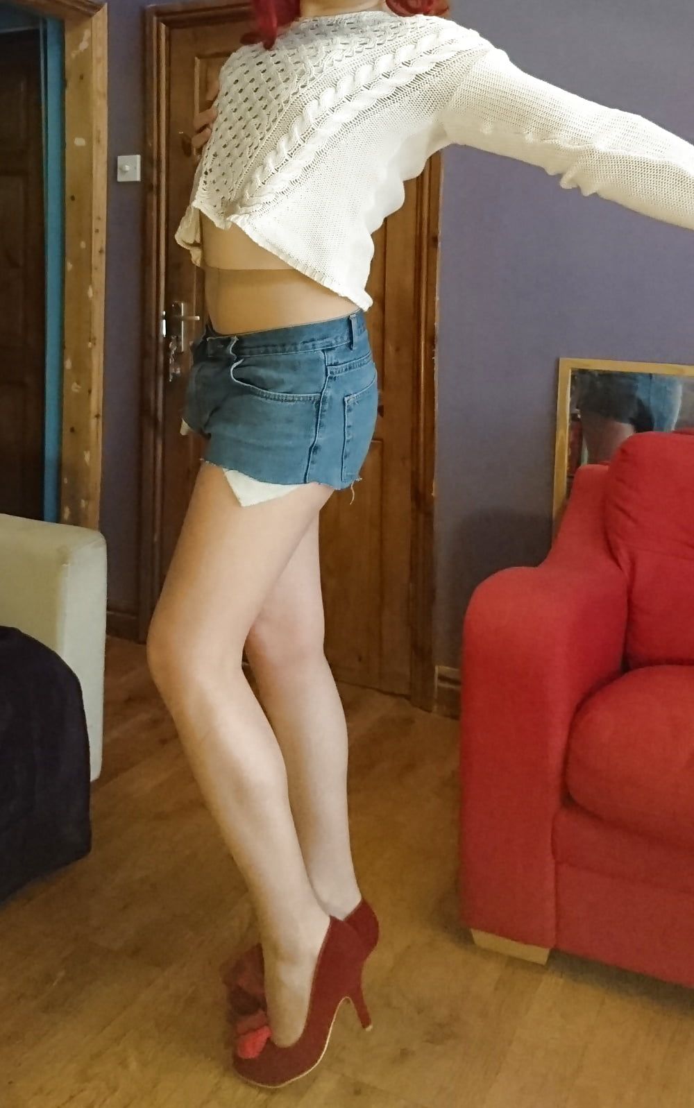 Marie crossdresser denim cut-offs and nude pantyhose #24