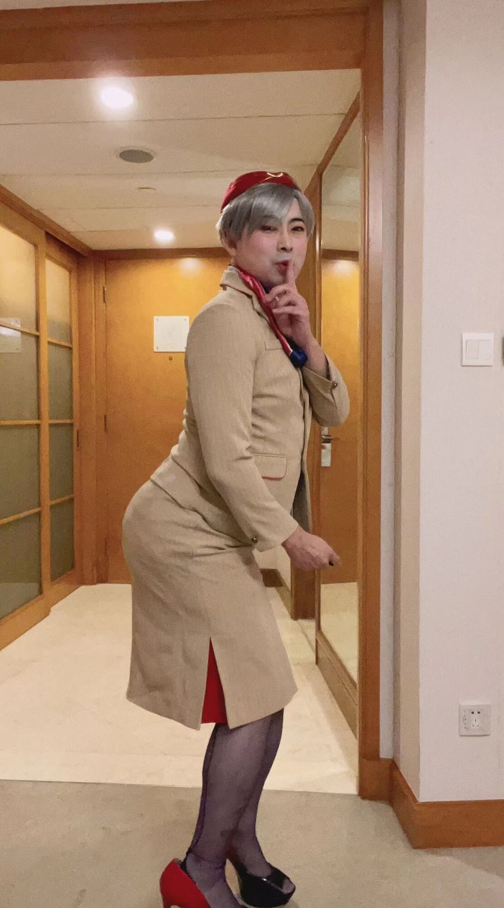 Asian femboy sissy in Emirates flight attendant dress #19