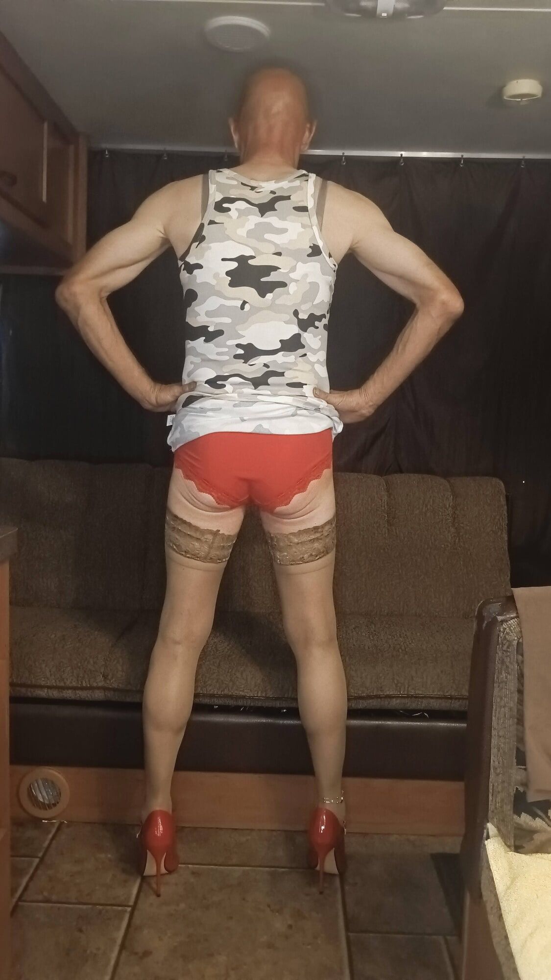 Faggot Andrew Brown in Camo Dress, Thigh Highs and Heels #11
