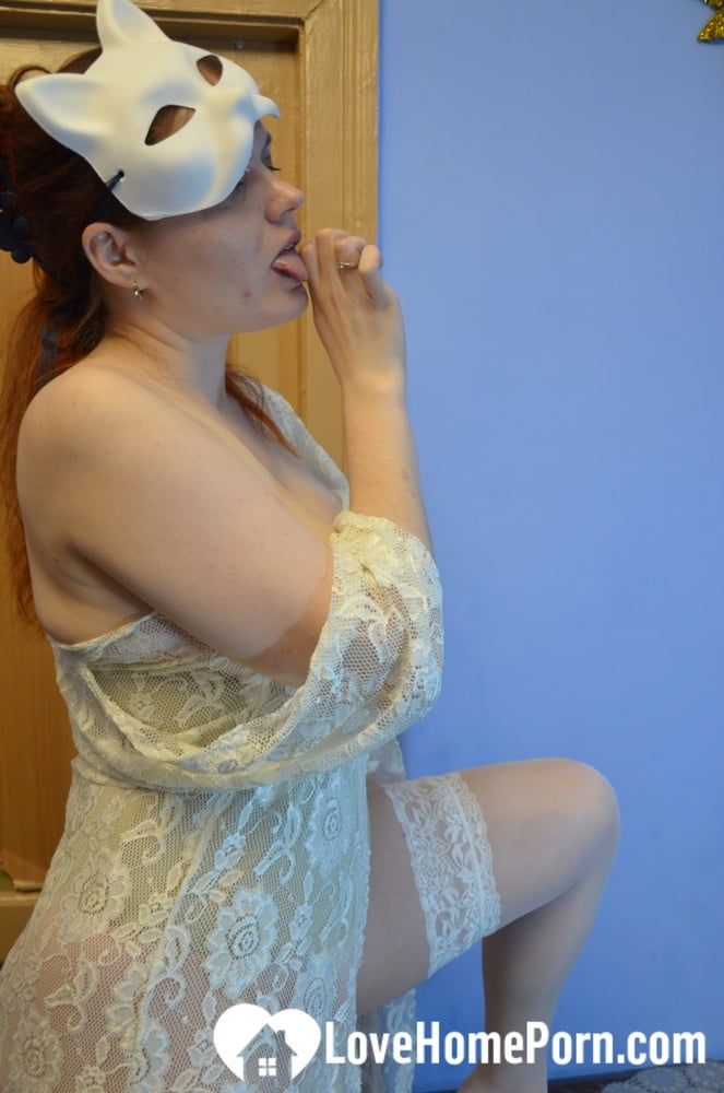 Wearing my mask in sexy white lingerie #20